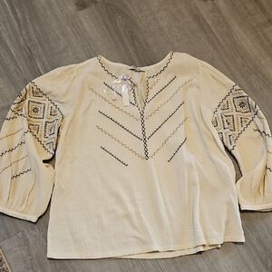 Madewell Cream Blouse with Black Embroidery